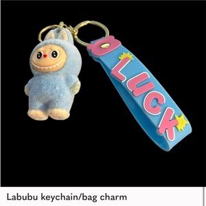 NWT Blue Labubu Keychain/Bag Charm with Pink Lettering